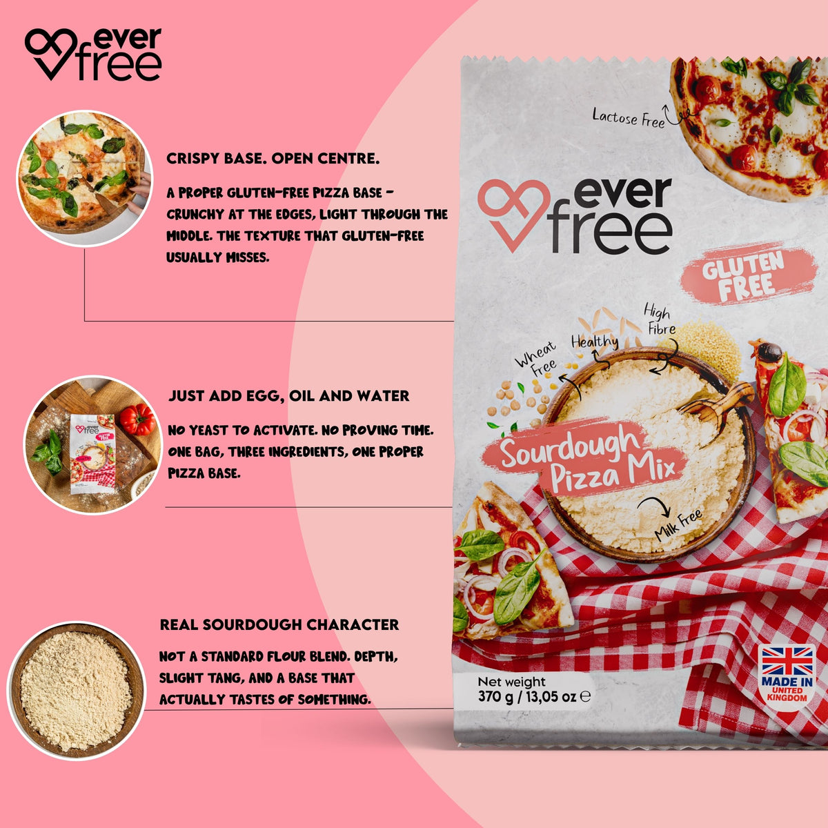EverFree Gluten-Free Sourdough Pizza Mix 370g pack with product notes and pizza close-ups