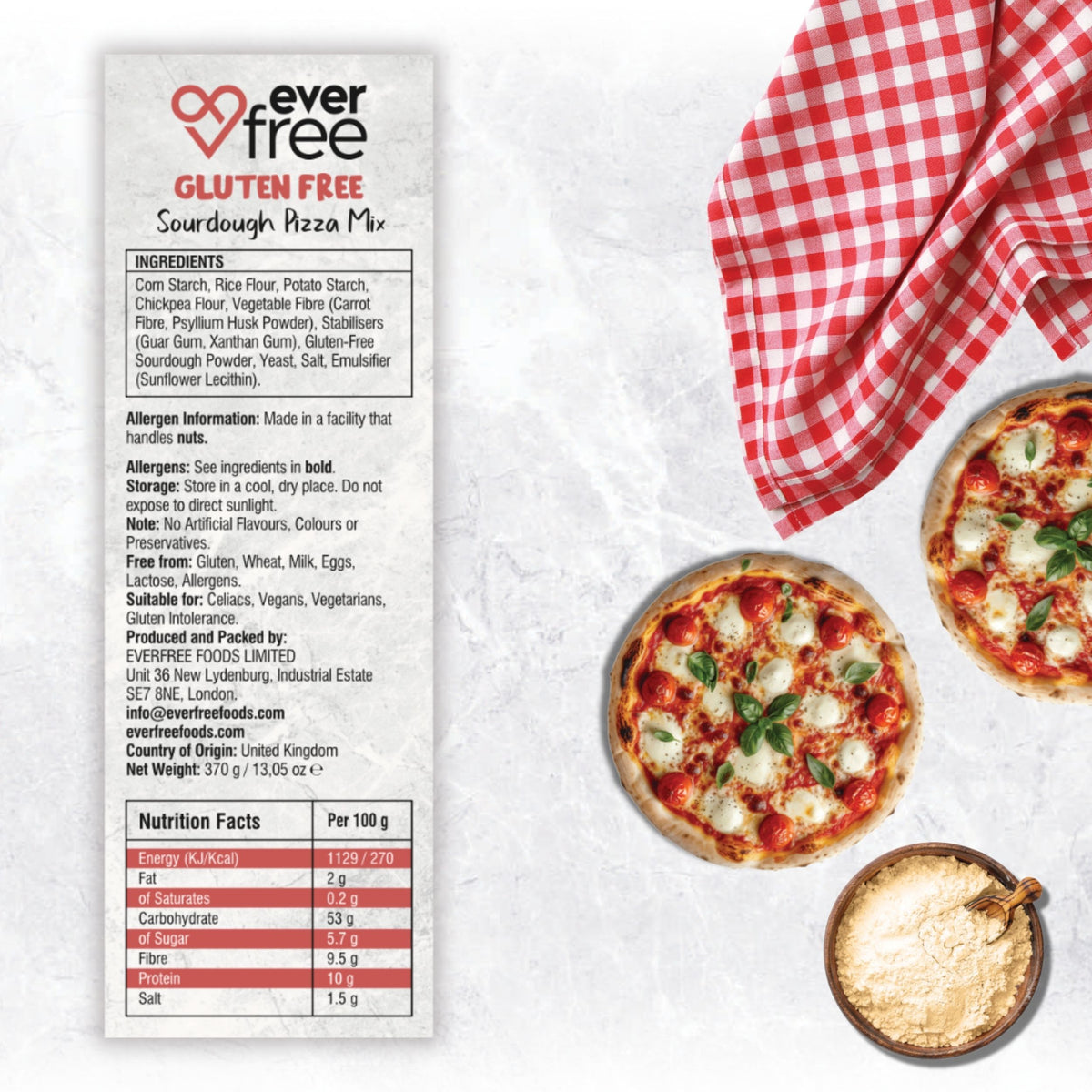 EverFree Gluten-Free Sourdough Pizza Mix, back of pack with ingredients and nutrition, beside pizzas