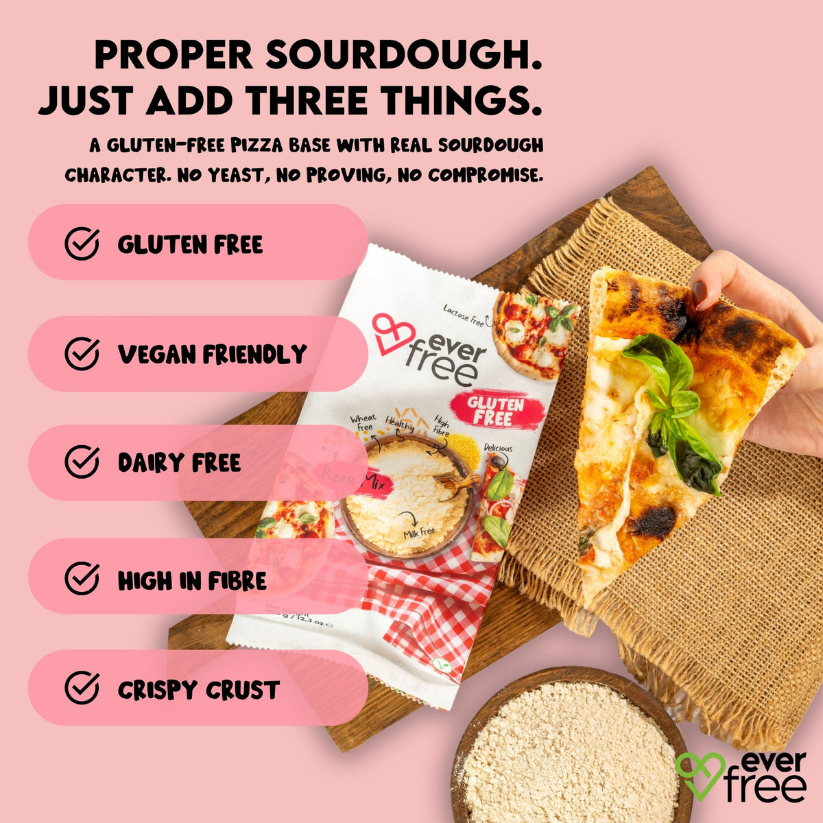EverFree Gluten-Free Sourdough Pizza Mix pack with a slice of pizza, and product feature list