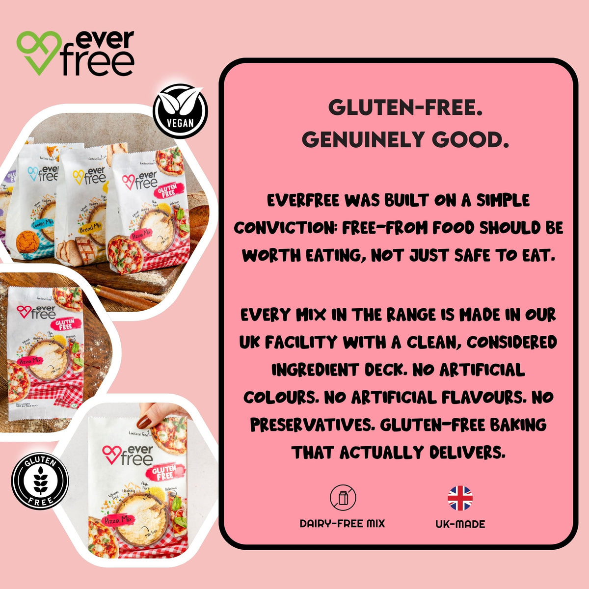 EverFree baking mixes collage with a short brand statement