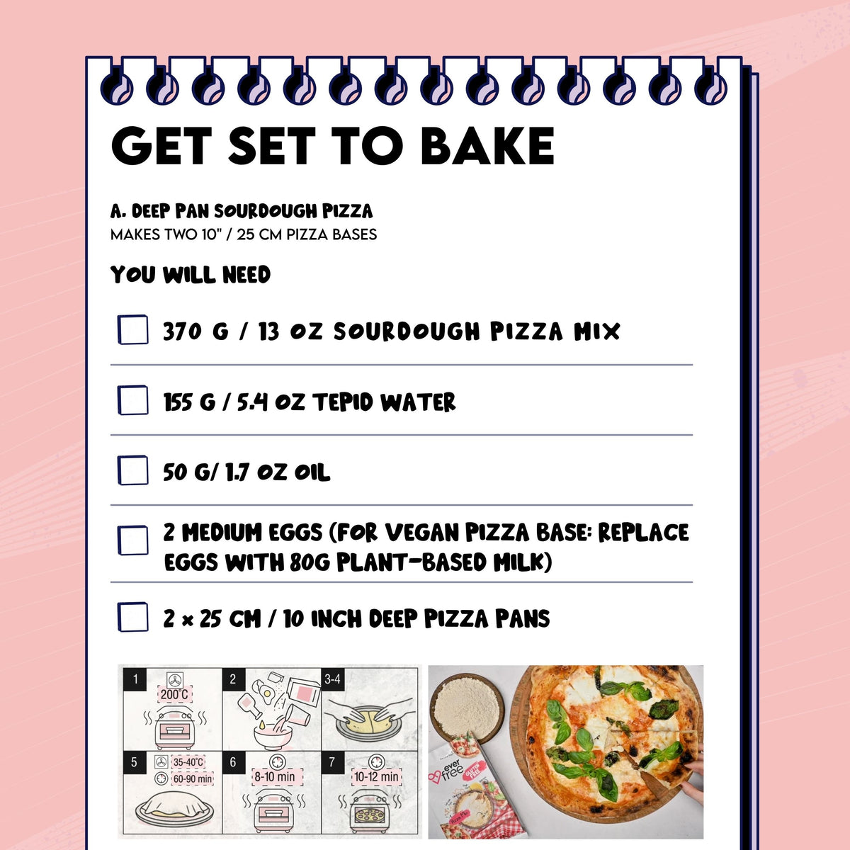 Deep pan pizza ingredients card for EverFree Gluten-Free Sourdough Pizza Mix, with step pictures