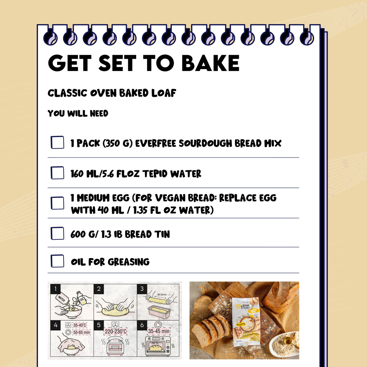 Oven-baked loaf method card for EverFree Gluten-Free Sourdough Bread Mix, with step pictures and sliced bread