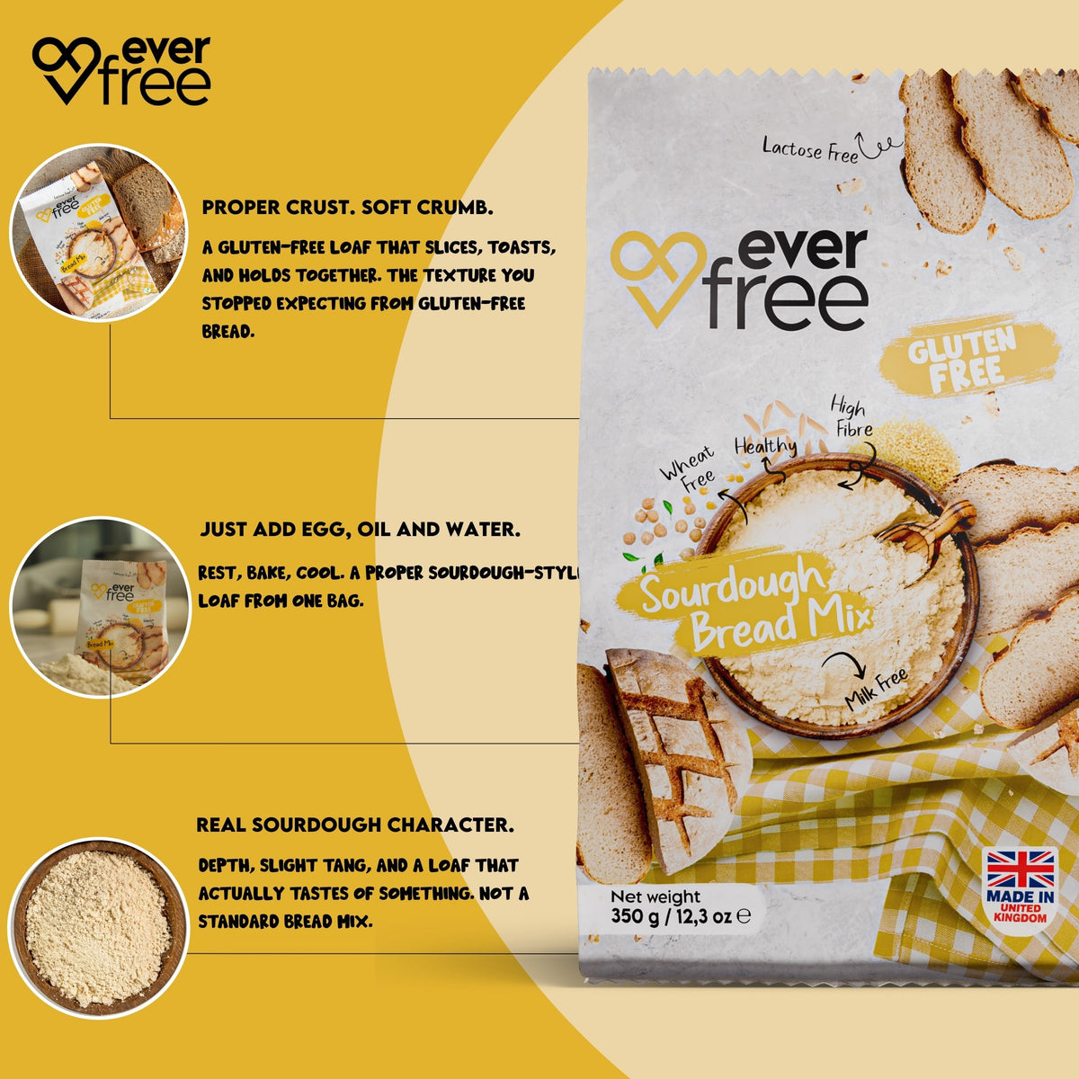 EverFree Gluten-Free Sourdough Bread Mix 350g pack with product notes and ingredient close-ups